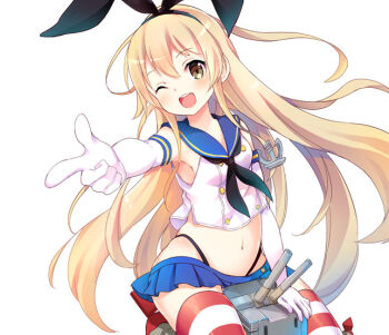 1girl anchor_hair_ornament black_neckerchief black_panties blonde_hair blue_sailor_collar blue_skirt blush breasts brown_eyes commentary crop_top elbow_gloves finger_gun gloves hair_ornament highleg highleg_panties kantai_collection long_hair medium_breasts microskirt midriff neckerchief one_eye_closed open_mouth panties pleated_skirt rensouhou-chan rudder_footwear sailor_collar shimakaze_(kancolle) simple_background skirt sleeveless solo striped_clothes striped_thighhighs teeth thighhighs underwear upper_teeth_only very_long_hair white_background white_gloves yazawa_oke