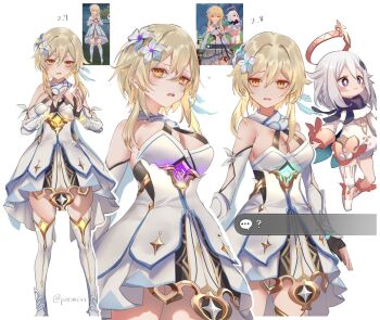 2girls aegyo_sal bare_shoulders blonde_hair blue_trim blush_stickers breasts detached_sleeves dress feather_hair_ornament feathers fingerless_gloves flower genshin_impact gloves hair_between_eyes hair_flower hair_ornament lumine_(genshin_impact) multicolored_flower multiple_girls open_mouth paimon_(genshin_impact) partially_fingerless_gloves pottsness romper scarf short_hair_with_long_locks twitter_username white_dress white_flower white_romper white_scarf yellow_eyes