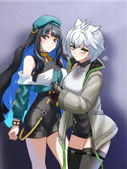 2girls animal_ears bare_shoulders beret black_hair black_shorts black_thighhighs blue_hair bracelet breasts buttons cat_ears cat_girl chest_jewel colored_inner_hair core_crystal_(xenoblade) dantonphanton double-breasted eyeliner fate/grand_order fate_(series) green_hat green_jacket grey_eyes grey_hair grey_jacket hat high-waist_shorts highres jacket jewelry long_hair long_sleeves looking_at_viewer makeup multicolored_hair multiple_girls na&#039;el_(xenoblade) neck_ring o-ring off_shoulder round_eyewear shirt short_hair shorts sidelocks small_breasts sunglasses tenochtitlan_(fate) tenochtitlan_(second_ascension)_(fate) thighhighs thighs white_shirt xenoblade_chronicles_(series) xenoblade_chronicles_3 xenoblade_chronicles_3:_future_redeemed yellow_eyes zipper