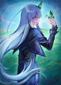 1girl black_capelet black_dress bug butterfly butterfly_hair_ornament butterfly_on_hand capelet closed_mouth colored_eyelashes dress echidna_(re:zero) hair_between_eyes hair_ornament hand_up highres insect long_hair long_sleeves looking_at_viewer looking_back nesigita_rezero re:zero_kara_hajimeru_isekai_seikatsu smile solo very_long_hair white_hair