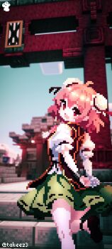 Rule 34 | 1girl, absurdres, arms behind back, bandaged arm, bandages, chinese commentary, commentary request, double bun, from behind, green skirt, hair between eyes, hair bun, highres, ibaraki kasen, leg up, looking at viewer, looking back, medium hair, minecraft, own hands together, parted lips, pink hair, pixel art, red eyes, red tabard, shirt, short sleeves, skirt, smile, tabard, takeez3, touhou, twitter username, white shirt