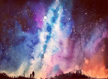 2others absurdres ambiguous_gender commentary_request highres milky_way multicolored_sky multiple_others night original outdoors painting_(medium) scenery silhouette sky sky_focus star_(sky) starry_sky toyonaga_ryouhei traditional_media very_wide_shot watercolor_(medium)