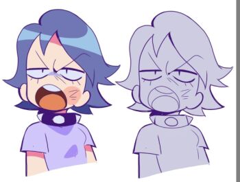 1girl angry annoyed blue_hair blush collar dot_pupils eyelashes hi_hi_puffy_amiyumi open_mouth pale_color purple_shirt shirt short_hair solo spiked_collar spikes thin_eyebrows upper_body yen0028 yumi_yoshimura