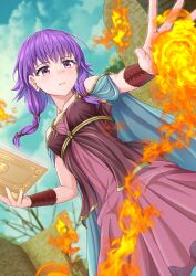 Rule 34 | 1girl, bare shoulders, blush, book, breasts, cape, closed mouth, cloud, cloudy sky, commission, dress, dutch angle, fire, fire emblem, fire emblem: the sacred stones, highres, holding, holding book, jewelry, looking at viewer, lute (fire emblem), medium hair, nintendo, pink dress, purple eyes, purple hair, rock, skeb commission, sky, sleeveless, sleeveless dress, small breasts, solo, tight clothes, tight dress, twintails, zenrakishi