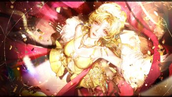 1girl absurdres aegyo_sal artist_name bare_arms bare_shoulders blonde_hair breasts chinese_commentary cleavage collarbone commentary_request confetti dancing diffraction_spikes dress earrings feather_boa forehead from_above glitter_makeup gold_dress gold_earrings gold_eyeshadow gold_necklace halter_dress halterneck highres jewelry kong_tiao_bo_zi lens_flare looking_at_viewer looking_up milly_(path_to_nowhere) navel necklace parted_lips path_to_nowhere pink_eyes smile solo stomach updo watermark yellow_dress