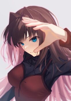 1girl aozaki_aoko blue_eyes breasts brown_hair commentary_request dress grin hair_intakes highres long_hair long_sleeves looking_at_viewer mahou_tsukai_no_yoru medium_breasts red_dress simple_background smile solo sweater toomishou turtleneck turtleneck_sweater white_background