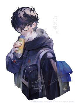 1boy amamiya_ren arm_up bag black-framed_eyewear black_bag black_hair black_jacket breath can commentary glasses grey_eyes highres holding holding_can jacket long_sleeves looking_to_the_side male_focus persona persona_5 shamoji_pe short_hair sideways_glance signature solo symbol-only_commentary twitter_username white_background
