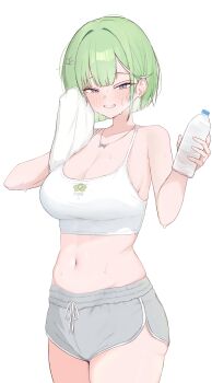 1girl absurdres blush bottle breasts butterfly_necklace camisole cleavage commentary cowboy_shot crop_top dolphin_shorts drawstring earrings gamble_0 green_hair grey_shorts grin hair_ornament hairclip hands_up highres holding holding_bottle holding_towel jewelry korean_commentary large_breasts micro_shorts multicolored_hair navel necklace parted_bangs print_camisole purple_eyes short_hair shorts simple_background smile solo spaghetti_strap standing stellive stomach streaked_hair stud_earrings sweat towel virtual_youtuber water_bottle white_background white_camisole white_mouth yuzuha_riko