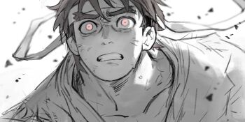 Rule 34 | 1boy, clenched teeth, dirty, dirty face, dougi, floating headgear, forked eyebrows, greyscale, headband, headgear, highres, male focus, monochrome, red eyes, ryu (street fighter), short hair, simple background, sketch, solo, spot color, street fighter, teeth, white background, wide-eyed, xie di na hua er