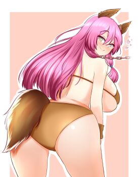 1girl absurdres animal_ears ass back bikini blush breasts chain dog_ears dog_tail flare_arlgrande_jioral green_eyes heart heart-shaped_pupils highres kaifuku_jutsushi_no_yarinaoshi_~sokushi_mahou_to_skill_copy_no_chouetsu_heal~ large_breasts long_hair nikasubsia pet_play pink_hair smile swimsuit symbol-shaped_pupils tagme tail