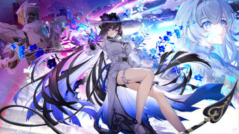 2girls absurdres armor belt black_hair blue_flower blue_hair breasts colored_inner_hair commentary_request demon_girl demon_horns demon_tail dress firefly_(honkai:_star_rail) floating_hair flower gold_trim gradient_background grey_hair hair_between_eyes hat hat_flower high_heels highres honkai:_star_rail honkai_(series) horns large_breasts legs light_particles long_hair looking_at_viewer mole mole_under_eye multicolored_hair multiple_girls parted_lips power_armor purple_eyes sam_(honkai:_star_rail) solo_focus tail the_dahlia_(honkai:_star_rail) thighs tongyu very_long_hair white_belt white_dress white_hat