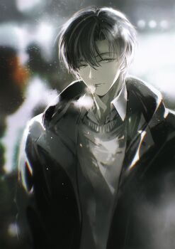 1boy black_hair black_jacket blurry blurry_background chinese_commentary cigarette coldiron collared_shirt depth_of_field grey_vest half-closed_eyes highres hood hood_down hooded_jacket jacket light_particles limited_palette looking_at_viewer male_focus mouth_hold open_clothes open_jacket outdoors parted_lips quan_zhi_gao_shou shirt short_hair smoke smoking snow snowing solo sweater sweater_vest upper_body vest white_shirt ye_xiu