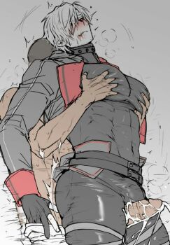 #compass 2boys bara bara_tits blush choker cum gay grabbing_another&#039;s_breast grabbing_from_behind groping hekigo himbo large_penis multiple_boys muscular muscular_male pecs_grab pectoral_grab pectorals penis red_eyes thick_thighs thigh_sex thighs thirteen_(#compass) white_hair yaoi