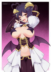 Rule 34 | + +, 1girl, alternate breast size, arms up, black background, black nails, border, breasts, bridal gauntlets, corset, cowboy shot, demon wings, fangs, gradient background, hiiragi utena, horns, large breasts, long sleeves, looking at viewer, low wings, lowleg, lowleg pants, magia baiser, open mouth, pants, pasties, pink background, purple hair, purple pants, revealing clothes, short hair, smile, solo, standing, tongue, tongue out, virus-g, white border, wings, yellow eyes