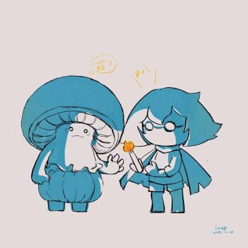 1other barefoot bloomers blue_theme blush_stickers candy cape chibi chinese_commentary chinese_text closed_mouth commentary_request crossover dated fire food glasses grey_background holding holding_candy holding_food infinity_nikki long_sleeves lot_(chacao73163) mushroom nikki_(series) no_mouth o_o round_eyewear shirt short_hair shorts shroomling_(infinity_nikki) signature simple_background sky:_children_of_the_light sky_child smile speech_bubble standing thought_bubble torn_cape torn_clothes translation_request underwear