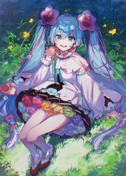 1girl aqua_eyes aqua_hair detached_sleeves dress flower gradient_hair grass hair_between_eyes hair_flower hair_ornament hatsune_miku high_heels highres long_hair long_sleeves looking_at_viewer low-tied_long_hair magical_mirai_(vocaloid) magical_mirai_miku magical_mirai_miku_(2021) medallion mikandorobocity multicolored_hair official_alternate_costume official_alternate_hairstyle on_grass open_mouth pink_hair pumps smile socks solo twintails very_long_hair vocaloid white_dress white_socks