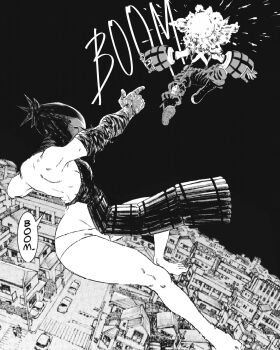 1boy 1girl apron bakugou_katsuki battle boku_no_hero_academia bomb_devil_(chainsaw_man) boots breasts car chainsaw_man commentary elbow_gloves english_commentary finger_gun gloves greyscale highres midair monochrome motor_vehicle object_head panties phy_draws small_breasts underwear urban