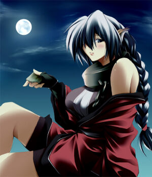 00s 1girl bare_legs barefoot black_gloves braid cloud collar dress elbow_gloves female_focus fingerless_gloves full_moon fuyuwa_kotatsu gloves holding karulau looking_at_viewer moon moonlight night night_sky pointy_ears red_dress simple_background single_braid sky solo utawarerumono