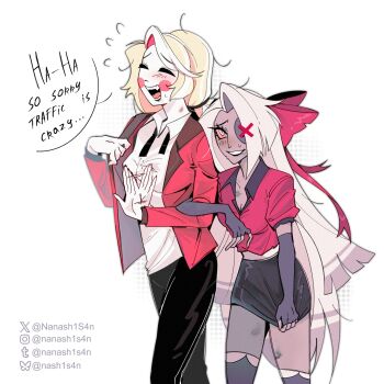 Rule 34 | 2girls, afterimage, bite mark, bite mark on thigh, black lips, blonde hair, charlie morningstar, circle facial mark, colored sclera, colored skin, commentary, couple, demon girl, english commentary, english text, eyepatch, facial mark, fangs, grey hair, grey skin, hand wave, hazbin hotel, hellaverse, hickey, highres, implied after sex, lipstick, lipstick mark, lipstick mark on breast, lipstick mark on chest, lipstick mark on leg, locked arms, long hair, loose necktie, makeup, messy hair, miniskirt, multicolored hair, multiple girls, nanash1s4n, necktie, open collar, pink sclera, skirt, skirt tug, smeared lipstick, smile, speech bubble, thighs, two-tone hair, vaggie, very long hair, white skin, yellow eyes, yuri