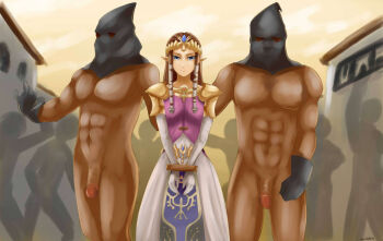 1girl brown_hair clothed_male_nude_male defeat dress execution executioner executioner_hood gloves helpless hood imminent_death muscular nintendo nude outdoors penis pointy_ears princess princess_zelda the_legend_of_zelda the_legend_of_zelda:_twilight_princess tiara town veiled616
