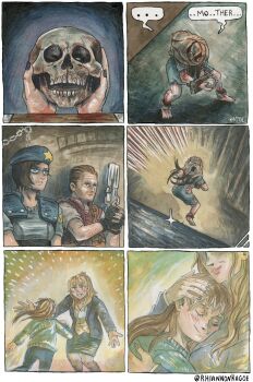 ... 1boy 3girls artist_name barry_burton beret black_gloves blue_hat blue_shirt commentary english_commentary fingerless_gloves gloves gun hat highres holding holding_gun holding_weapon jill_valentine lisa_trevor multiple_girls resident_evil resident_evil_1 rhiannon_kagoe shirt shoulder_pads skull speech_bubble weapon