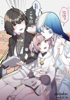 Rule 34 | 3girls, ?, adoptive parent and adoptive child, aemeath (wuthering waves), aemeath (young) (wuthering waves), anger vein, black gloves, black jacket, blue nails, blue veil, blush, breasts, colored eyelashes, commentary, controller, dated, dress, english commentary, female rover (perpetual spark) (wuthering waves), female rover (wuthering waves), fingerless gloves, game controller, gloves, highres, holding, holding controller, holding game controller, jacket, jouhou, long sleeves, looking at another, looking up, medium breasts, mother and daughter, multiple girls, nail polish, official alternate costume, open mouth, orange eyes, pink hair, purple eyes, rover (wuthering waves), shorekeeper (wuthering waves), short twintails, sitting, sitting on lap, sitting on person, spoken question mark, star-shaped pupils, star (symbol), symbol-shaped pupils, translation request, twintails, twitter username, two-tone veil, veil, white dress, white veil, wuthering waves, yellow eyes