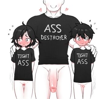 1girl 2boys :&lt; age_difference ahoge arms_behind_back baraag bisexual_male black_hair black_shirt bottomless cleft_of_venus closed_mouth clothes_writing cowboy_shot embarrassed faceless faceless_male flying_sweatdrops gluteal_fold hand_on_another&#039;s_shoulder head_out_of_frame heart large_penis large_testicles loli lonely_cri3 looking_to_the_side multiple_boys muscular muscular_male original penis penis_size_difference pussy shirt short_hair short_sleeves shota size_difference small_penis smile standing sweat t-shirt testicles text_focus tight_clothes tight_shirt transparent_background trembling wavy_mouth yaoi
