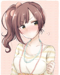 Rule 34 | 1girl, asymmetrical sidelocks, baran. (ba ra ran), bead necklace, beads, blush, bow, breasts, brown hair, brown shirt, closed mouth, collarbone, ear blush, hair bow, hand up, highres, idolmaster, idolmaster cinderella girls, igarashi kyoko, jewelry, long hair, looking at viewer, medium breasts, multiple necklaces, necklace, nose blush, orange background, pink bow, pout, puff of air, shirt, side ponytail, sidelocks, solo, striped background, striped clothes, striped shirt, swept bangs, underbust, upper body, v-shaped eyebrows, white shirt, yellow eyes