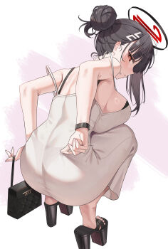 1girl absurdres adjusting_clothes ass bag bakoko bare_shoulders black_bra black_hair black_halo black_pantyhose blue_archive bra breasts dongtan_dress dress grey_dress halo handbag hashtag-only_commentary highres holding holding_bag huge_breasts large_breasts panties pantyhose pantylines platform_clogs platform_sandals red_eyes rio_(blue_archive) sandals see-through_clothes see-through_dress short_hair sideboob simple_background solo squatting underwear white_background