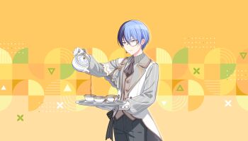 Rule 34 | 1boy, aoyagi touya, ascot, asymmetrical shirt, black bow, black pants, blue hair, boutonniere, bow, brown ascot, brown vest, buttons, checkerboard cookie, closed mouth, colorful palette, cookie, cowboy shot, cup, dot nose, earrings, feet out of frame, food, frilled sleeves, frills, funsai seyo! unvalentine no fukushuu (project sekai), game cg, gloves, gold trim, grey bow, grey eyes, grey shirt, heart, heart earrings, highres, holding, holding teapot, holding tray, jacket, jewelry, lace print, lapels, long sleeves, looking at object, male focus, monocle, multicolored hair, official alternate costume, official art, pants, project sekai, puffy long sleeves, puffy sleeves, semi-rimless eyewear, shirt, smile, solo, split-color hair, striped bow, striped clothes, striped shirt, tea, teacup, teapot, third-party source, tray, triangle, two-tone bow, two-tone hair, under-rim eyewear, vertical-striped bow, vertical-striped clothes, vertical-striped collar, vertical-striped shirt, vest, white gloves, white jacket, yellow background