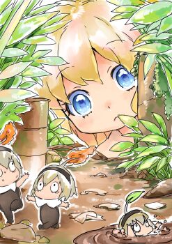 4girls :< absurdres alternate_species asphyxiation black_bodysuit black_hairband blonde_hair blue_eyes bodysuit brown_hair clone closed_mouth dirt drowning fleeing grass hairband highres jashin-chan jashin-chan_dropkick long_hair looking_at_another mini_person minigirl mud multiple_girls nintendo no_mouth pekora_(jashin-chan_dropkick) pikmin_(creature) pikmin_(series) reo_(salmomomon) scared short_hair sleeveless sleeveless_bodysuit