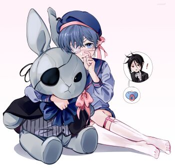 ! 2boys absurdres age_regression aged_down beret black_hair black_suit blue_eyes blue_hair blue_hat blue_sailor_collar blue_shirt blue_shorts bow ciel_phantomhive eyepatch finger_in_own_mouth formal_clothes gloves hair_between_eyes hat highres index_finger_raised kuroshitsuji looking_at_viewer medical_eyepatch mob_face multiple_boys open_mouth pacifier pink_bow pink_ribbon pink_trim red_eyes ribbon sailor_collar sebastian_michaelis shirt shorts simple_background solo_focus stuffed_animal stuffed_rabbit stuffed_toy suit thigh_strap thighhighs uneasywolf white_background white_gloves white_thighhighs