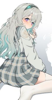1girl black_hairband bright_pupils commentary_request firefly_(honkai:_star_rail) firefly_(spring_missive)_(honkai:_star_rail) from_behind gradient_hair green_hair grey_hair grey_sailor_collar grey_skirt hairband highres honkai:_star_rail honkai_(series) long_hair long_sleeves looking_at_viewer looking_back multicolored_hair official_alternate_costume pinponpaaru plaid_clothes plaid_skirt playing_with_own_hair pleated_skirt purple_eyes sailor_collar school_uniform shadow shirt simple_background sitting skirt solo thighhighs two-tone_hair wariza white_background white_pupils white_shirt white_thighhighs