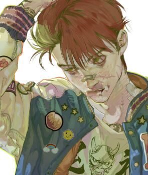 Rule 34 | 1boy, arm up, bandaid, bandaid on face, bandaid on nose, brown eyes, character request, commentary request, copyright request, crew neck, highres, injury, jacket, jing wen, long sleeves, looking up, male focus, multicolored jacket, print shirt, rainbow, red hair, scar, scar on face, shirt, short hair, sideburns, simple background, smiley face, sneer, solo, star (symbol), two-tone jacket, uneven eyes, upper body, white background