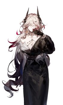 1girl arknights asymmetrical_horns bare_shoulders black_dress black_gloves blood blood_in_hair blood_on_face blood_on_hands bracelet breasts chinese_commentary cleavage closed_eyes closed_mouth collarbone commentary_request dongsheng dress earrings elbow_gloves facing_viewer gloves hair_between_eyes hand_to_own_mouth hand_up highres hobble_dress horns jewelry long_dress long_hair long_sleeves low_neckline material_growth medium_breasts necklace off_shoulder oripathy_lesion_(arknights) pink_hair simple_background single_elbow_glove solo theresa_(arknights) very_long_hair white_background