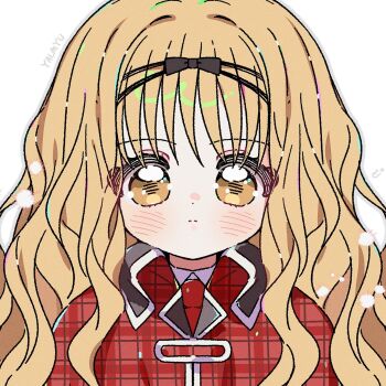Rule 34 | 1girl, artist name, black bow, blonde hair, blush, bow, capelet, closed mouth, hair between eyes, hair bow, hair intakes, highres, long hair, looking at viewer, mashiro rima, red capelet, shugo chara!, simple background, solo, wavy hair, white background, yalmyu, yellow eyes