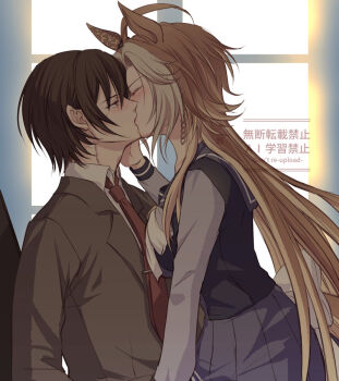 1boy 1girl animal_ears blush bow brown_eyes brown_hair brown_jacket collared_shirt commentary_request hand_on_another's_face horse_ears horse_girl horse_tail jacket long_hair long_sleeves multicolored_hair necktie orange_hair orfevre_(umamusume) purple_sailor_collar purple_shirt purple_skirt red_necktie sailor_collar school_uniform shirt short_hair sitting sitting_on_lap sitting_on_person skirt sweatdrop tail tracen_school_uniform trainer_(umamusume) two-tone_hair umamusume white_bow white_hair white_shirt yue_(lov_n_n)