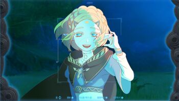 00bbb_lz 1girl black_cloak blonde_hair blue_shirt braid breasts cloak commentary_request crown_braid game_screenshot_background gold_trim green_eyes hair_ornament hairclip hand_in_own_hair korean_commentary looking_at_viewer medium_breasts nintendo open_mouth outdoors parted_bangs pointy_ears princess_zelda screenshot_background shirt short_hair sidelocks smile solo the_legend_of_zelda the_legend_of_zelda:_tears_of_the_kingdom viewfinder