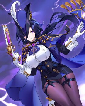 1girl absurdres antique_firearm ascot black_corset blue_cape blue_hair button_gap cape clorinde_(genshin_impact) commentary_request corset dutch_angle earrings electricity electro_symbol_(genshin_impact) epaulettes firearm fold-over_gloves framed_breasts genshin_impact gloves gun hair_between_eyes hat hat_feather high_heels highres jewelry long_hair long_hair_between_eyes low-tied_long_hair pencil_skirt purple_ascot purple_eyes qiye_jiexian shirt skirt solo taut_clothes taut_shirt thigh_strap thighs tricorne vision_(genshin_impact) weapon white_gloves