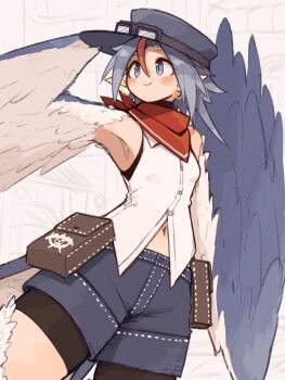 1girl bandana bandana_around_neck bare_shoulders belt_pouch bike_shorts bike_shorts_under_shorts bird_legs black_hat blue_eyes blue_feathers blue_shorts blue_wings blush commentary_request earrings feathered_wings feathers goggles goggles_on_headwear grey_hair harpy hat highres hoop_earrings jewelry kaginoni monster_girl navel original pointy_ears pouch red_bandana shorts sleeveless smile solo vest white_feathers white_vest white_wings winged_arms wings