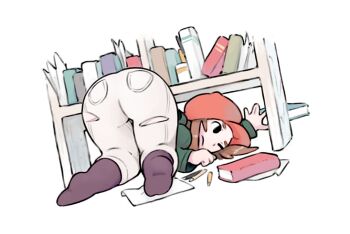 1girl bent_over book brown_hair layton_brothers:_mystery_room lucy_baker pants professor_layton reaching shelf shirt simx socks