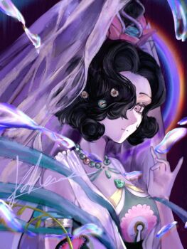 1girl black_background black_hair closed_mouth dress hair_bun hair_ornament hair_over_one_eye hand_up highres jewelry kohara_ji looking_at_viewer lotus_hair_ornament necklace official_alternate_costume one_eye_covered orchid_fingers purple_eyes reverse:1999 short_hair sleeveless sleeveless_dress snake_hair_ornament solo tuesday_(reverse:1999) tuesday_(story_of_the_jade_vase)_(reverse:1999) upper_body veil white_dress white_veil