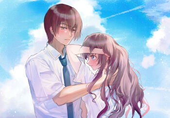 Rule 34 | 1boy, 1girl, a-chan (little busters!), absurdres, arm behind head, averting eyes, blue eyes, blue necktie, blue sky, blush, brown eyes, brown hair, closed mouth, cloud, collared shirt, commentary request, couple, cumulonimbus cloud, day, embarrassed, eyelashes, frown, hair between eyes, hand in another's hair, hand in own hair, hand up, hetero, highres, little busters!, little busters! school uniform, long hair, looking at viewer, looking down, miiizuno lbs, natsume kyousuke, necktie, outdoors, school uniform, shirt, short hair, short sleeves, sky, split mouth, sweat, tareme, tsurime, upper body, very long hair, white shirt