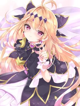 Rule 34 | 1girl, antenna hair, black bow, black capelet, black dress, blonde hair, bow, brooch, capelet, closed mouth, commentary request, cure arcana shadow, dress, gradient hair, hair bow, hair intakes, heart, heart brooch, highres, jewelry, long hair, looking at viewer, magical girl, meitantei precure!, moria luluka, multicolored hair, nanase nao, precure, purple eyes, purple veil, smile, solo, veil, wrist cuffs