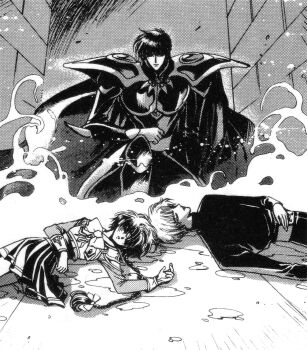 1990s_(style) 1girl 2boys armor armored_dress braid brick_wall character_request clamp_(circle) death dress fire greyscale halftone highres lantis_(rayearth) liquid magic_knight_rayearth monochrome multiple_boys official_art on_one_knee retro_artstyle scan shidou_hikaru single_braid sprawled