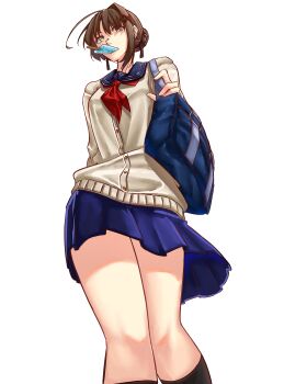 1girl absurdres ahoge antenna_hair braid brown_hair bun_with_braided_base commentary duvalie eating eiyuu_densetsu english_commentary food food_in_mouth from_below green_eyes hair_between_eyes hair_bun hair_intakes highres kneehighs moren_eh neckerchief popsicle red_neckerchief sailor_collar sen_no_kiseki_(series) short_hair simple_background skirt socks solo white_background