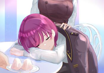 Rule 34 | 3girls, absurdres, aoi erika, chair, commentary request, cycloneactionx, earrings, food, heaven burns red, highres, jewelry, kura satomi, multiple girls, plate, short hair, sitting, sleeping, table, tears, tezuka saki