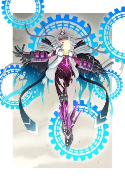 1girl ahoge black_gloves border cable duel_masters duel_masters_play&#039;s gears gloves grey_hair hair_ornament highres key leotard mecha_musume medium_hair open_clothes open_mouth open_vest outside_border puramozuki0426 purple_leotard solo torn_clothes torn_leotard vambraces vest vivi_(duel_masters_play&#039;s) white_border white_vest yellow_eyes