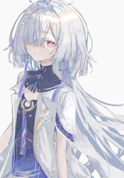 1girl akisyounanndesu badge breasts closed_mouth colored_eyelashes dress earrings gradient_clothes gradient_dress hair_ornament hair_over_one_eye halo hashtag-only_commentary highres jacket jewelry looking_at_viewer mornye_(wuthering_waves) purple_dress red_eyes small_breasts solo triangle_earrings white_eyelashes white_halo white_jacket wuthering_waves