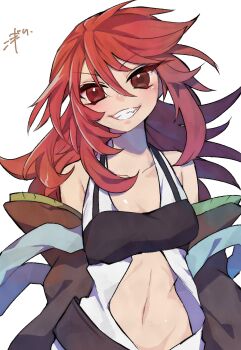 1girl bandeau bare_shoulders collarbone duel_monster familiar-possessed_-_hiita grin highres hiita_(yu-gi-oh!) kokodari long_sleeves midriff navel open_clothes open_shirt red_eyes red_hair signature smile solo stomach teeth yu-gi-oh!